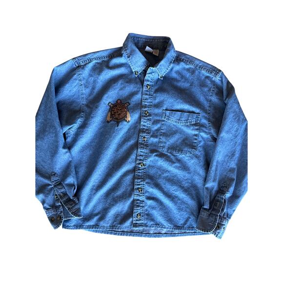 Vintage Native Pictograph Puff Print Medium Port and Company Denim Button Up - Picture 1 of 8